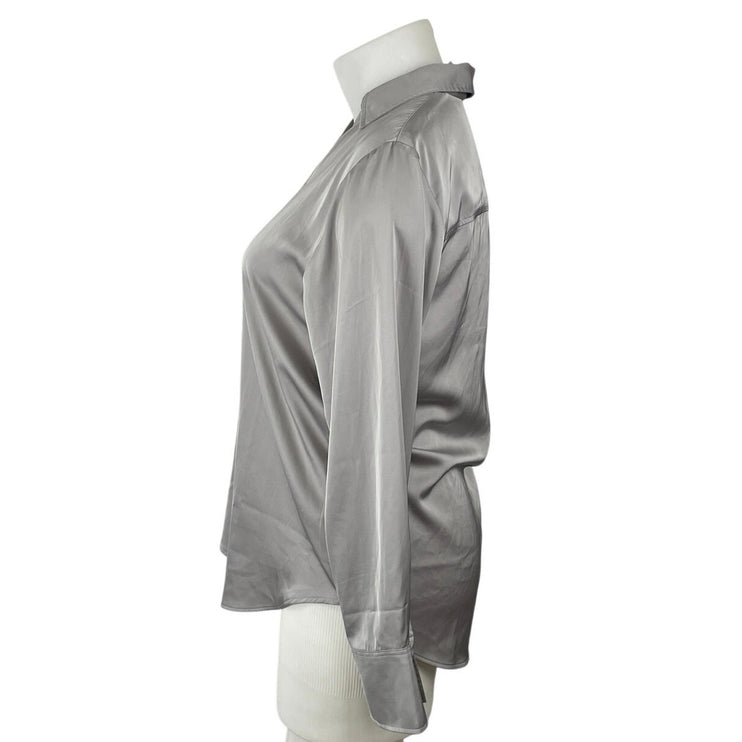 H&M Silver Gray Satin Collared Long Sleeve Office Button Down Shirt Blouse Top M