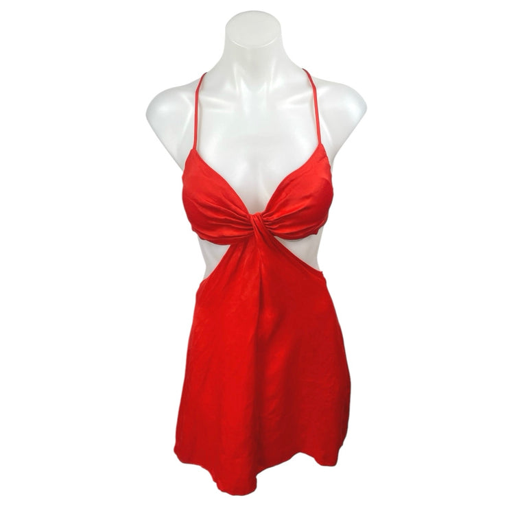 Zara Red Sleeveless Silk Satin-Effect Cutout Cross Back Knot Slip Mini Dress S