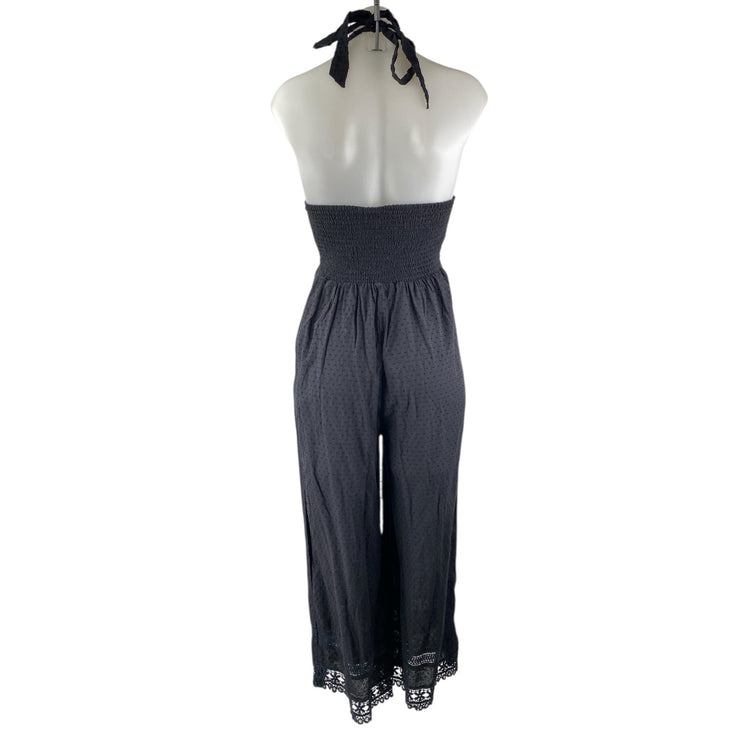 ZARA Black Polka Dot Lace Trim Halter Neck Sleeveless Wide Leg Romper Jumpsuit S