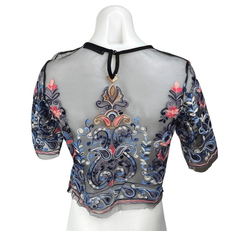 Shein Women's Blue Mesh Sheer Paisley Embroidered Boho Crop Blouse Top Size XS