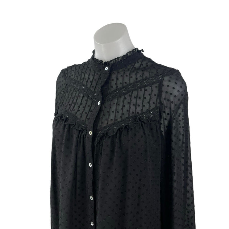 Zara Womens Black Texture Dot Ruffle Button Up Long Sleeve Peasant Blouse Top XS