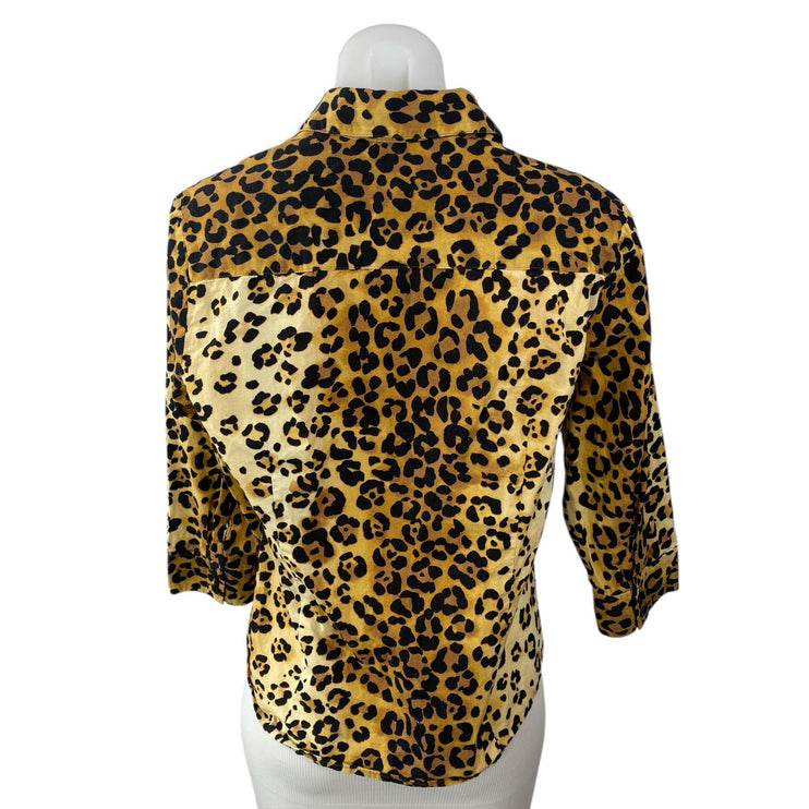 Jones New York Women's Beige Leopard Animal Print Button Down Shirt Top Size M