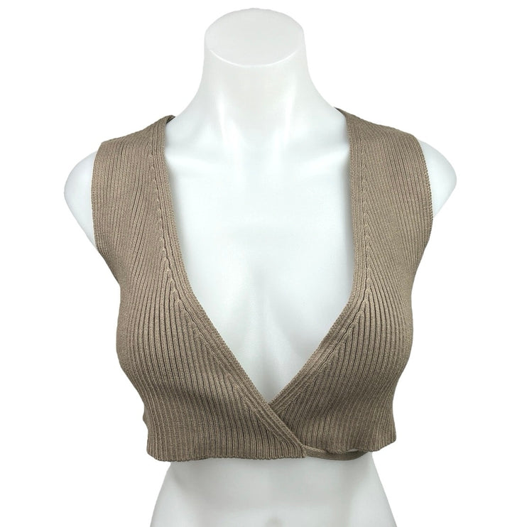 Zara Women's Tan Ribbed Knit V-Neck Sleeveless Pullover Tie Waist Crop Top Sz S