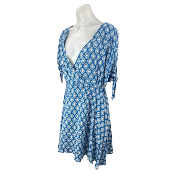 Blue Rair Blue Argyle Short Sleeve Tie Deep V Neck Faux Wrap A Line Mini Dress L
