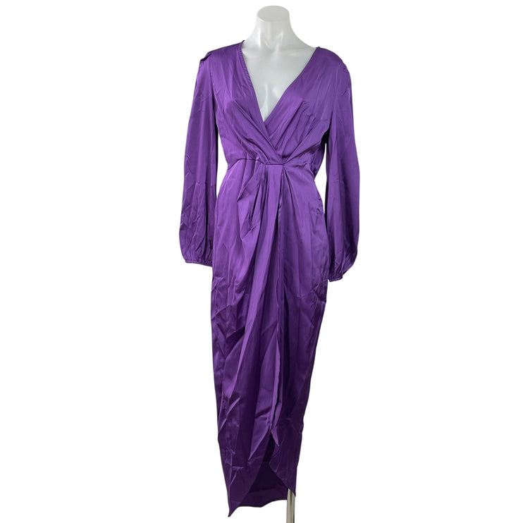 Shein Purple Silk Satin Long Sleeve Deep V Neck Pleated Sheath Maxi Dress Size M