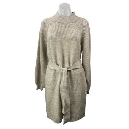 Vici Women's Beige Long Sleeve Tie Waist Knit Mock Neck Mini Sweater Dress S