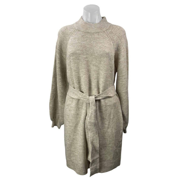 Vici Women's Beige Long Sleeve Tie Waist Knit Mock Neck Mini Sweater Dress S