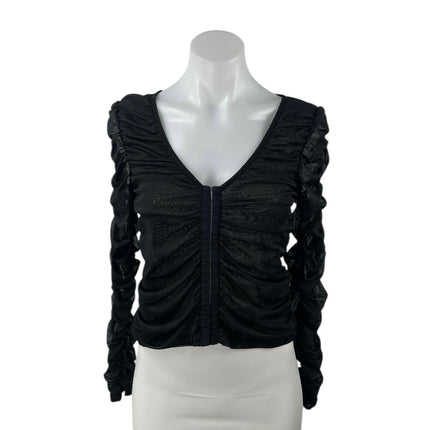 NA-KD Women's Black Mesh Ruched Long Sleeve V-neck Crop Corset Blouse Top Sz XS