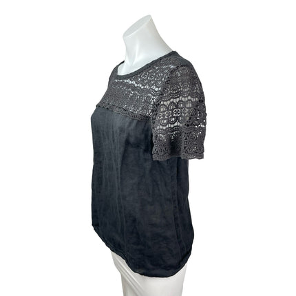 J.Crew Black 100% Linen Lace Crochet Short Sleeve Round Neck Blouse Top Size 6
