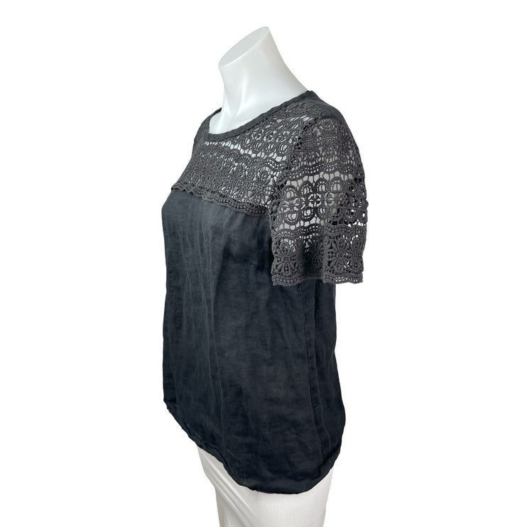 J.Crew Black 100% Linen Lace Crochet Short Sleeve Round Neck Blouse Top Size 6
