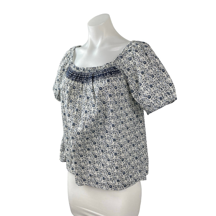NEW Lucky Brand Women's Blue White Floral Short Sleeve Boho Blouse Top Size S