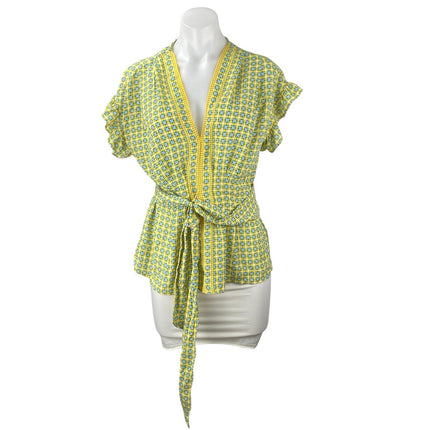 NEW Max Studio Green Multicolor V-neck Ruffle Sleeve Tie Belted Blouse Top Sz S