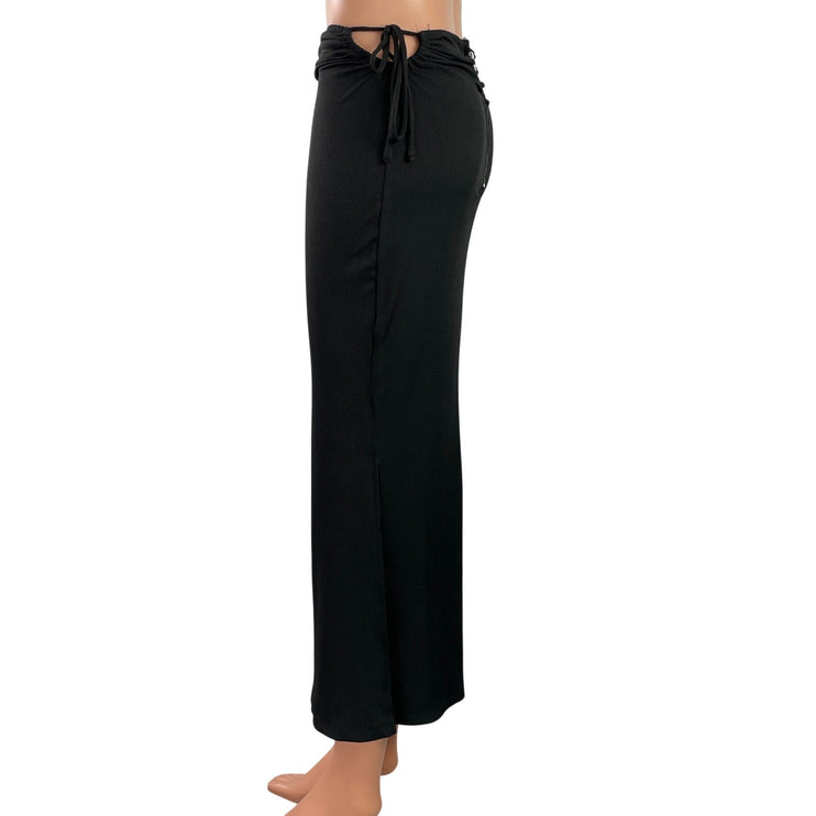 Princess Polly Women's Black Ribbed Ruched Tie Midi Straight Pencil Skirt Size 6
