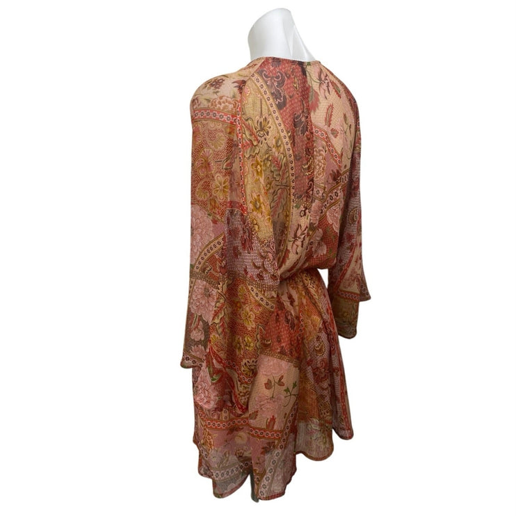 MNG Mango Coral Floral Patchwork Print Long Sleeve V Neck Mini Blouson Dress 0