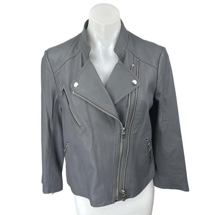 Joie Casella Women's Gray Lamb Leather Asymmetric Zip Moto Biker Coat Jacket L