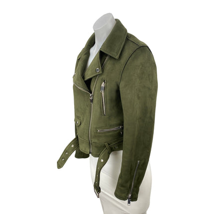 Zara Women's Green Faux Suede Belted Full Zip Crop Moto Biker Coat Jacket Size M