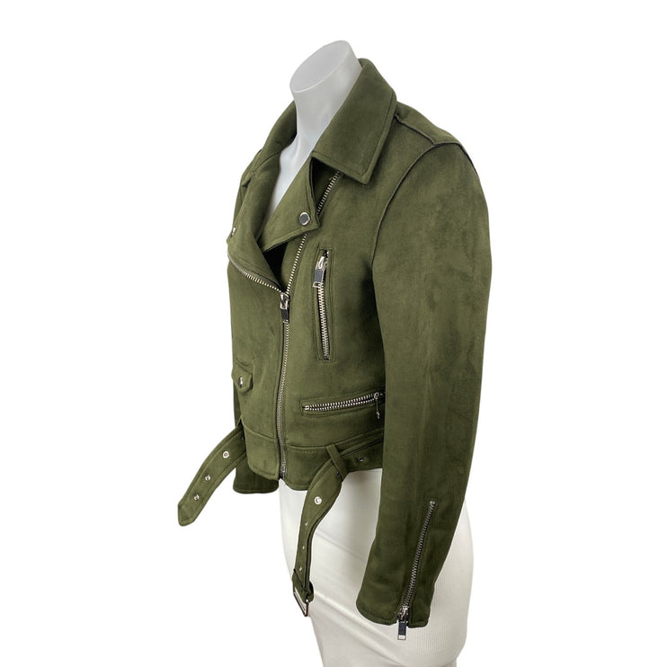 Zara Women's Green Faux Suede Belted Full Zip Crop Moto Biker Coat Jacket Size M