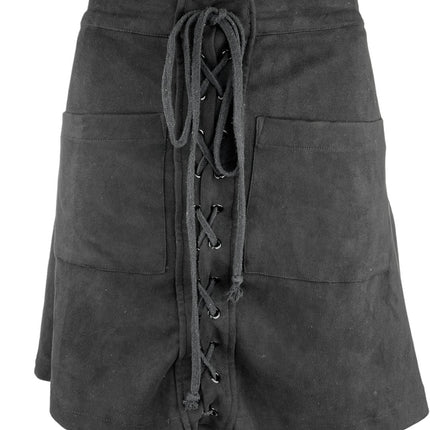 Gab & Kate Women Black Suede Front Lace Up Zipper Stretch A-Line Mini Skirt Sz S