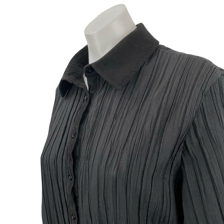 Jacqueline Riu Women's Black Long Sleeve Plisse Pleated Button Down Shirt Top 4