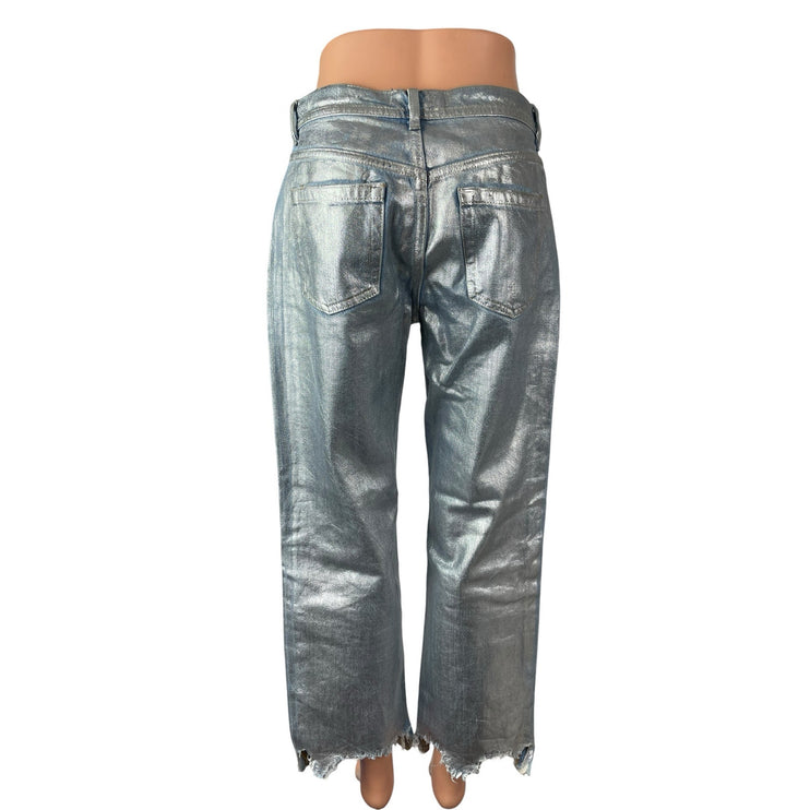 Free People Metallic Silver Raw Frayed Hem Barrel Wide Leg Denim Jeans Pants 26