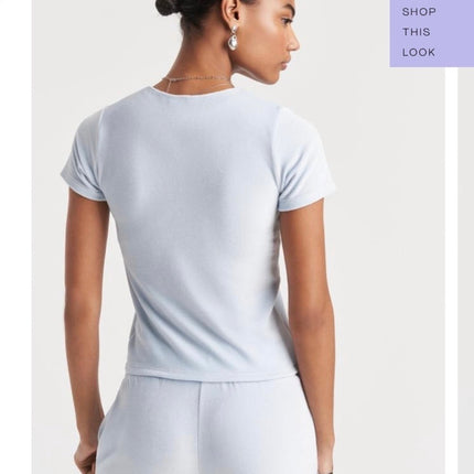 Cale Nina Light Blue Velour Velvet Crew Neck Short Sleeve Crop Tee T-shirt Top M
