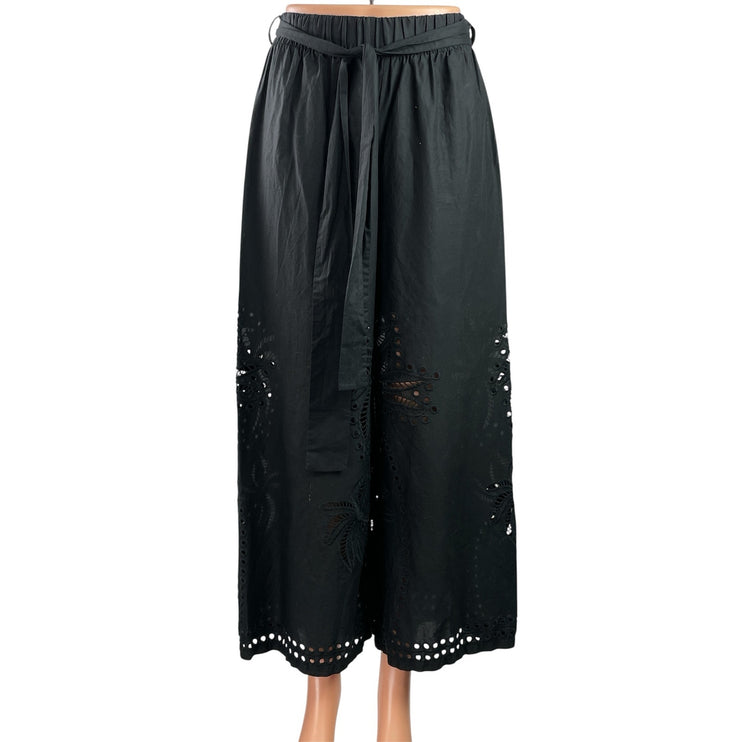 Moutaki Black Eyelet Embroidered Belted High Waist Wide Leg Trousers Pants Sz S