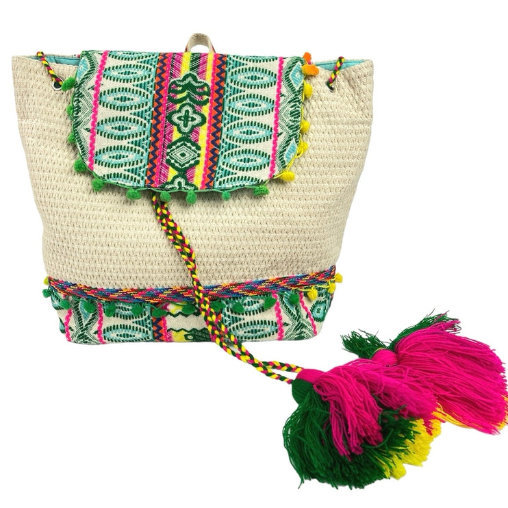 NEW Jen & Co Multicolor Tasseled Boho Hippie Magdelena Aztec Cotton Backpack