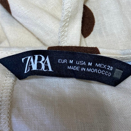 Zara Cream Brown Linen Long Sleeve Polka Dots V Neck Tie Blouse Crop Top Size M