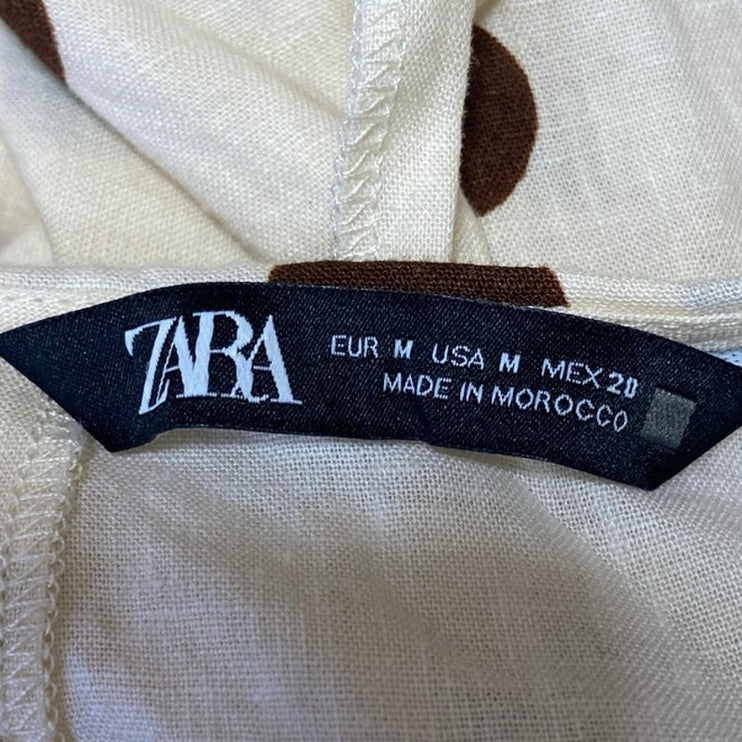 Zara Cream Brown Linen Long Sleeve Polka Dots V Neck Tie Blouse Crop Top Size M