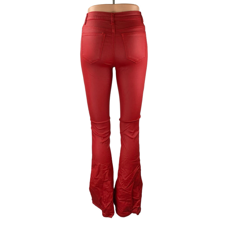 Edikted Luna Women's Faux Vegan Leather Mid Rise Skinny Flare Trousers Pants XS