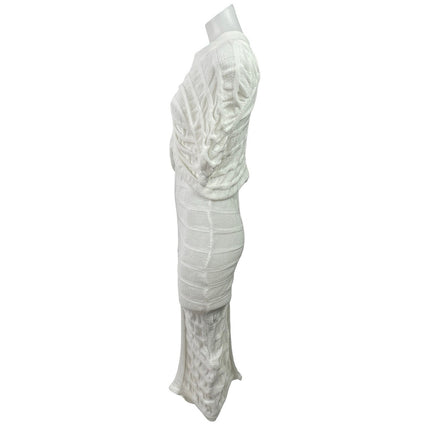 Love Series White Ruched Drape Knit Stretch Midi Bodycon 2 in 1 Dress Size S