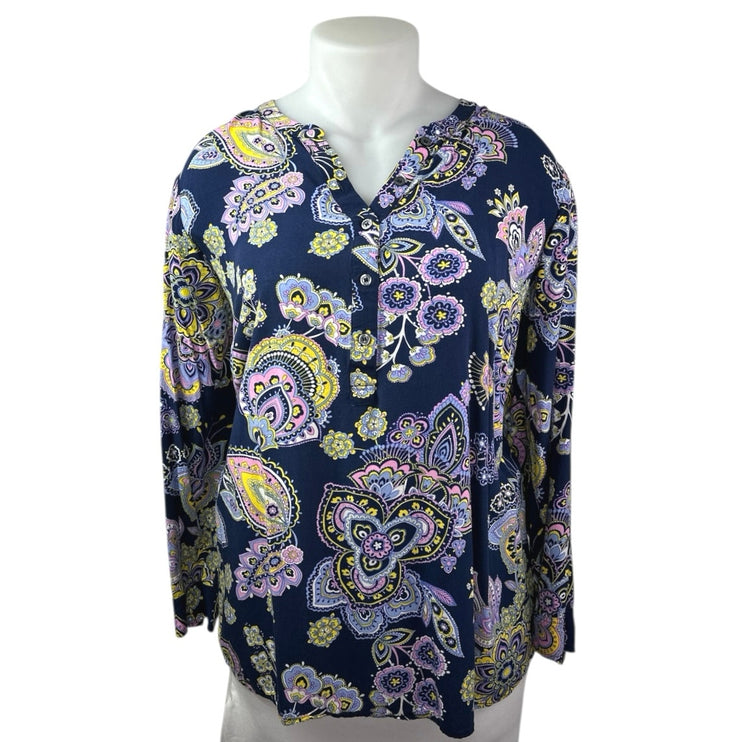 Talbots Women's Blue Paisley Print Button Long Sleeve Tunic Blouse Top Size 2X