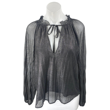 Sanctuary Live It Up Gray Metallic Long Sleeve Ruffle Tie V-Neck Blouse Top XS