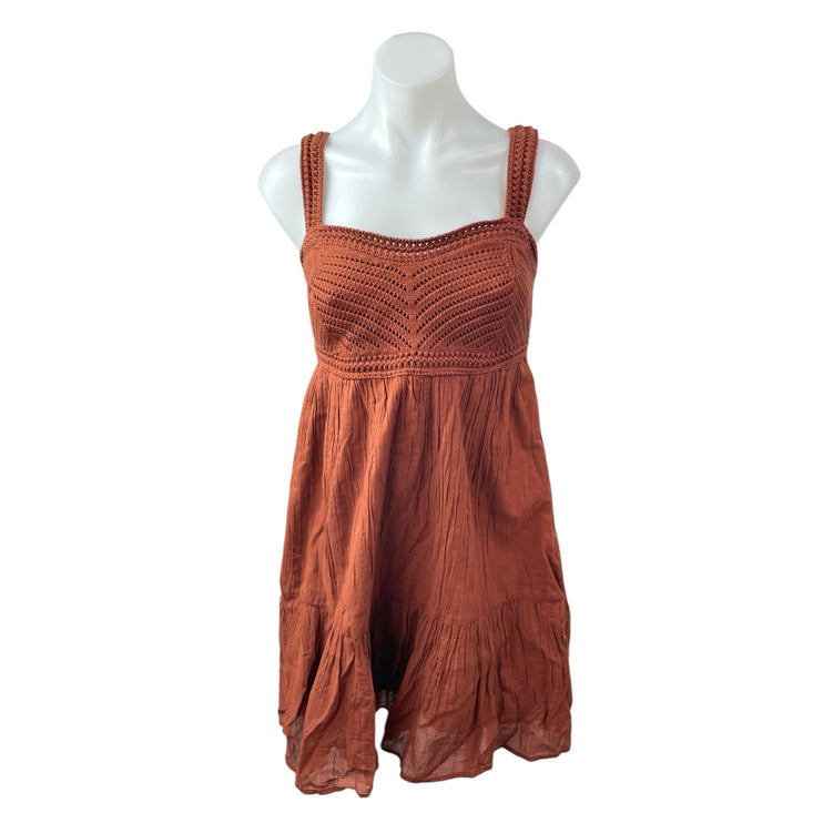 NEW Gap Brown Sleeveless Smocked Crochet Knit Cami Tiered A Line Mini Dress XS