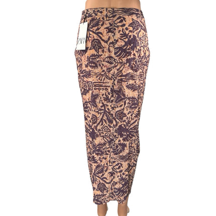 NEW Zara Purple Tropical Coastal Printed Zipper Midi Sarong Pencil Skirt Size S