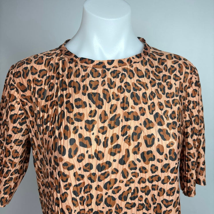 Zara Brown Tan Leopard Animal Print Plisse Short Sleeve Maxi T-Shirt Dress Sz S