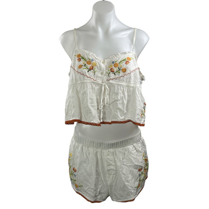 Anthropologie White Sleeveless Floral Embroidered Cami Top & Lounge Short Sets M