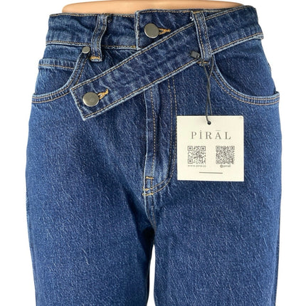 NEW Piral Women's Blue High Waisted Cross Belt Straight Denim Jeans Size M