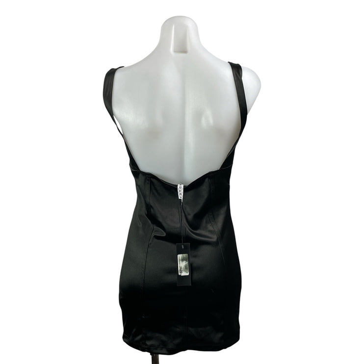 NEW Motel Black Satin Sleeveless Open Back Plunge V-neck Mini Bodycon Dress Sz M