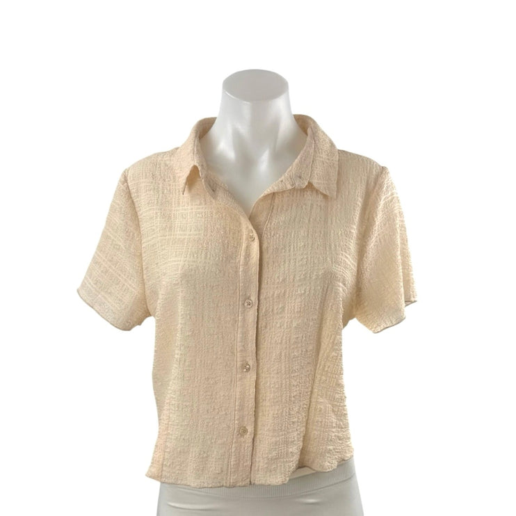 Topshop Women's Cream Collared Short Sleeve Crop Button Down Shirt Blouse Top 10