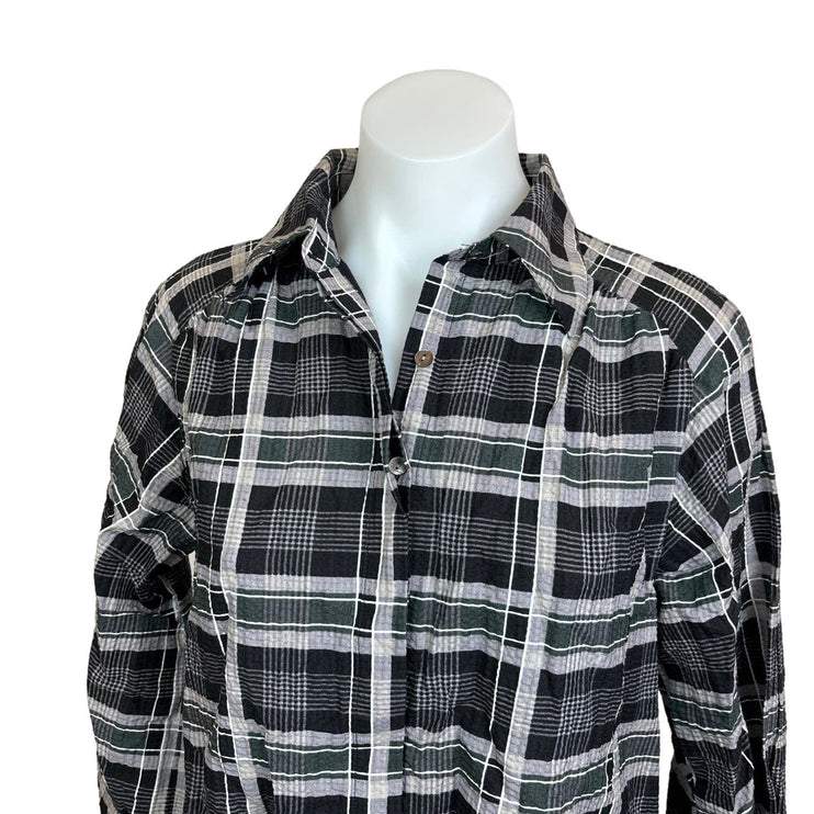 Club Monaco Black Gray Linen Blend Plaid Mini Puff Sleeve Shirt Dress Size XS