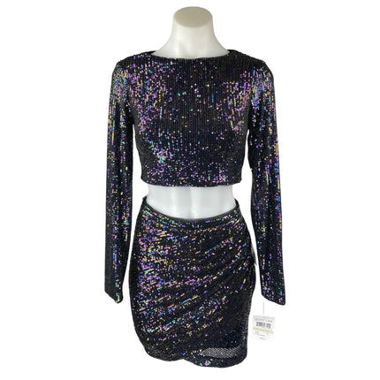 NEW Morgan & Co. Black Sequin Long Sleeve Crop Top Pencil Mini Skirt 2 Pc Set 1