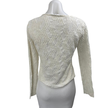 Stradivarius White Textured V-neck Tie Front Long Sleeve Crop Blouse Top Size S