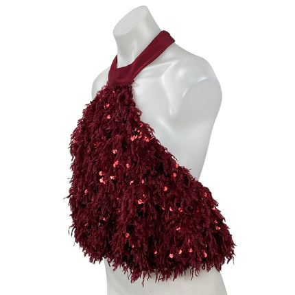 Zara Women's Red Sequin Fringe Halter Sleeveless Open Back Blouse Top Size S