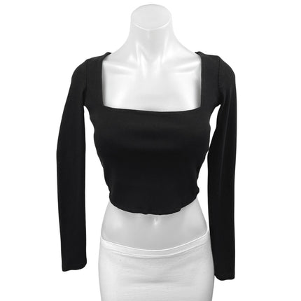 Zara Women's Black Long Sleeve Ribbed Knit Square Neck Sweater Crop Top Size S
