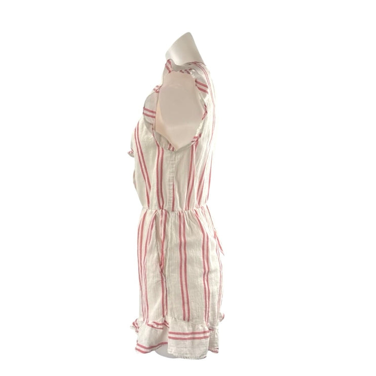 BCBGeneration White Pink Stripe Cap Sleeve Deep V Neck Ruffle Romper Jumpsuit S