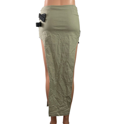 Women's Green Multi Belt Strap Low Waist Sides Slit Maxi Pencil Skort Skirt Sz S