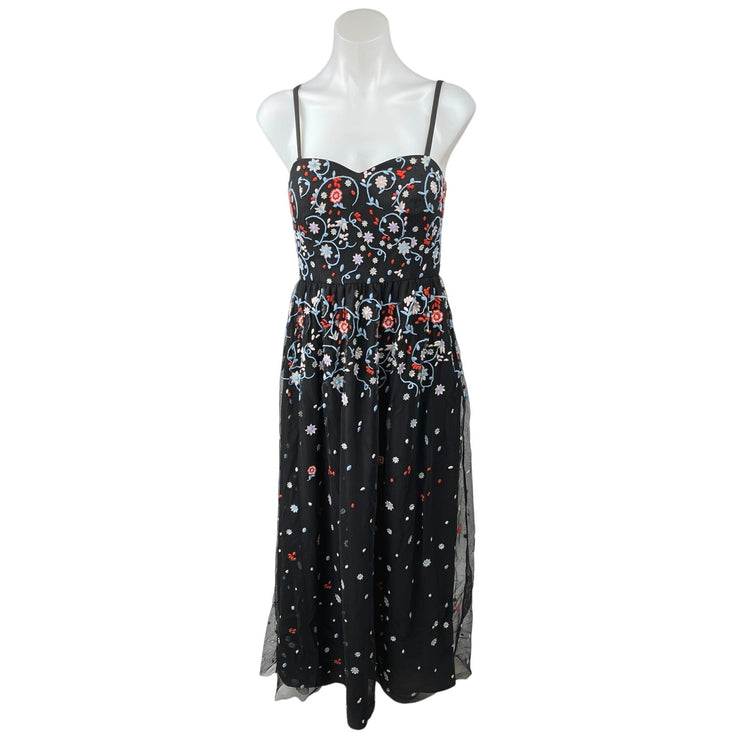 Modcloth Black Floral Tulle Embroidered Sleeveless A Line Midi Dress Size S