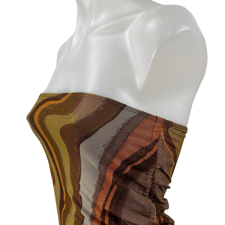 Motel Brown Multicolor Earthy Strapless Tube Bandeau Ruched Blouse Top Size XS