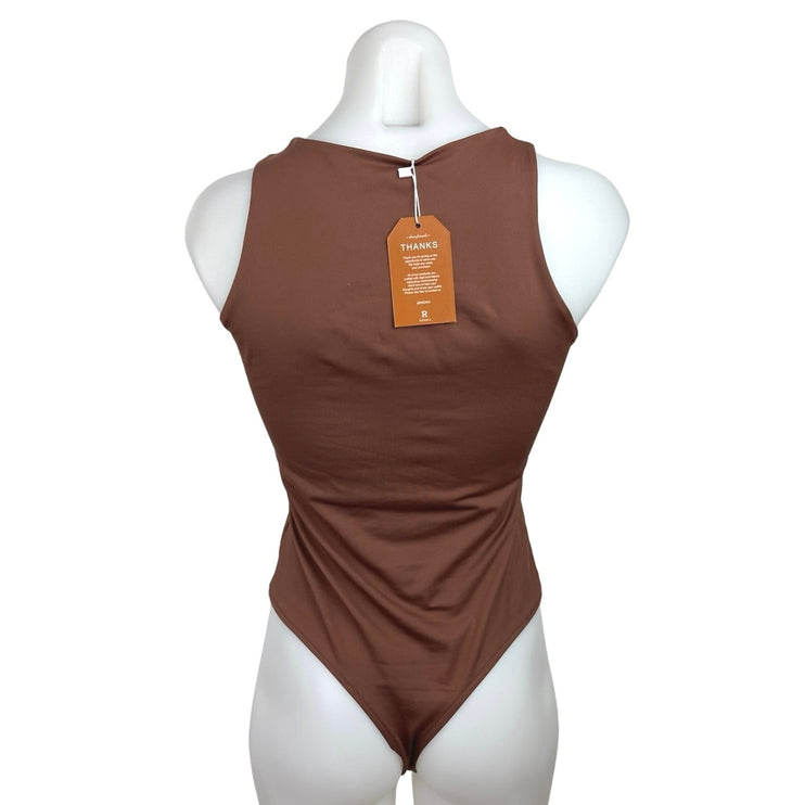 Reoria Women's Brown Sleeveless Crew Neck High Cut Leg One Piece Bodysuit Size M